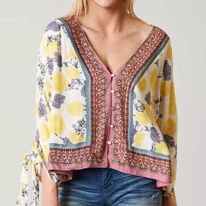 Free People Yellow, Pink & Blue Floral Lemon Print Top